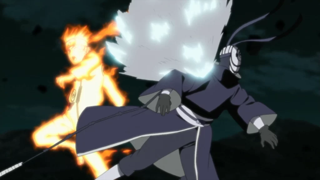 Tobi frappé par le Rasengan téléporté de Naruto.
